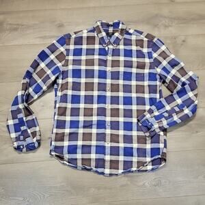 J Crew Shirt Men Large Blue Brown Slim Oxford Plaid Classiccore Preppy Career